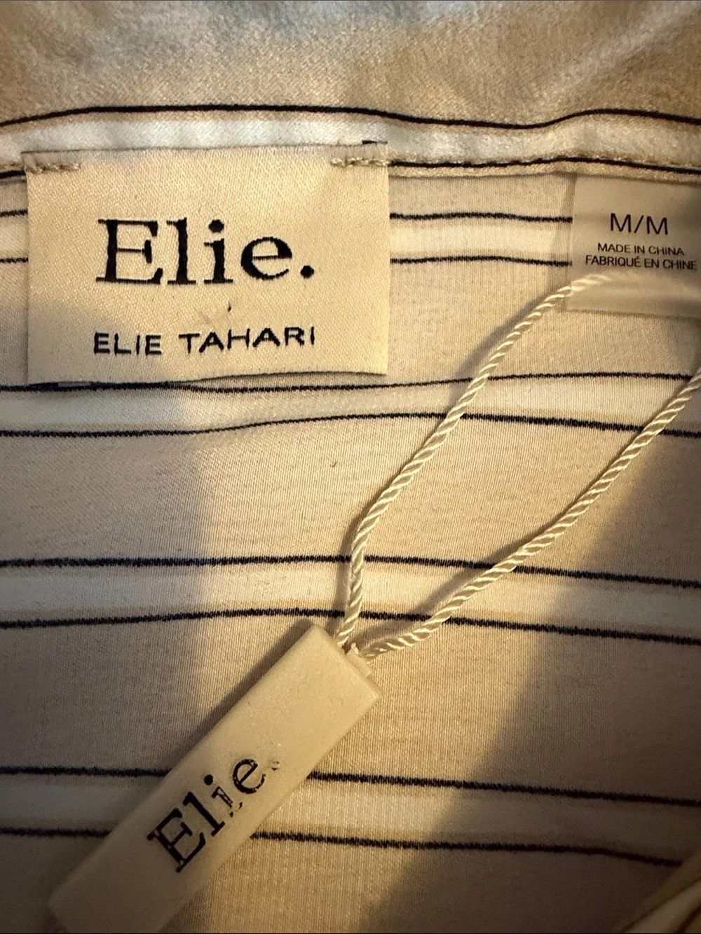Elie Tahari Smartly Styled Striped Silky Button-Up Blouse Tan & White Med NWT